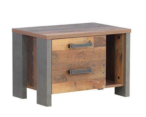 Nachtkommode CLIF mit zwei Schubladen, Old-Wood-Vintage-Front und grau betonoptischen Seitenelementen, Gesamtansicht.