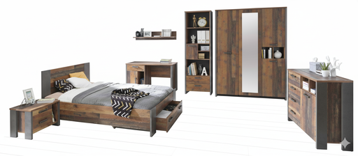 Jugendzimmer CLIF Komplettset 8-tlg. in Old Wood Vintage mit Bett, Schreibtisch, Kleiderschrank und Kommode in Gesamtansicht.