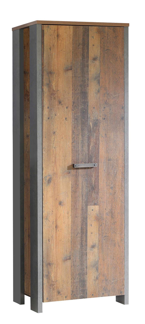 Dielenschrank CLIF 1-trg. mit massiver Old-Wood-Vintage-Front und dunkelgrauer Betonoptik, Gesamtansicht.