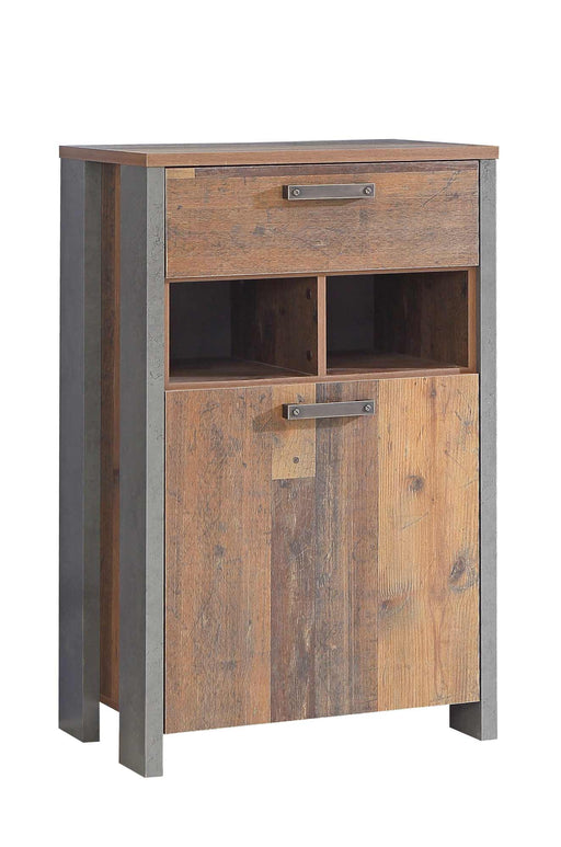 Schuhschrank Kommode CLIF 1-trg. in Old Wood Vintage mit dunkelgrauer Betonoptik, Gesamtansicht von vorne.