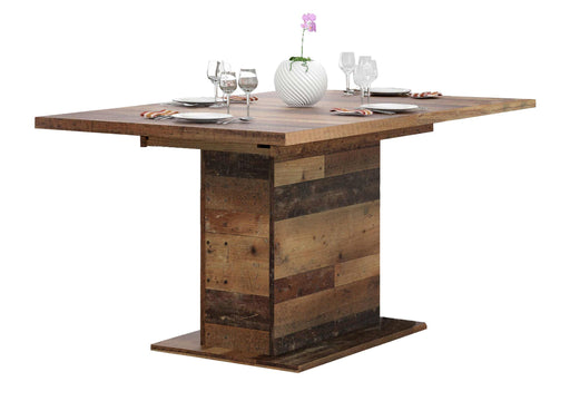 Esstisch CLIF 160 - 200 cm mit Holzplatte in Old-Wood-Optik und gestreiftem Holzgestell, von oben.
