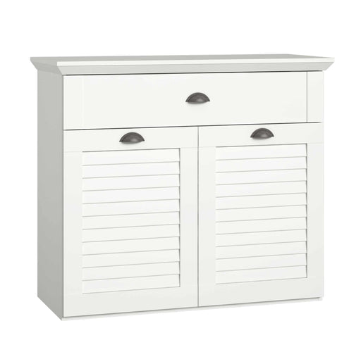 Sideboard Kommode MARIDA 2-trg. 1 Schublade in Weiß matt, Gesamtansicht mit zwei Lamellentüren und einer oberen Schublade.