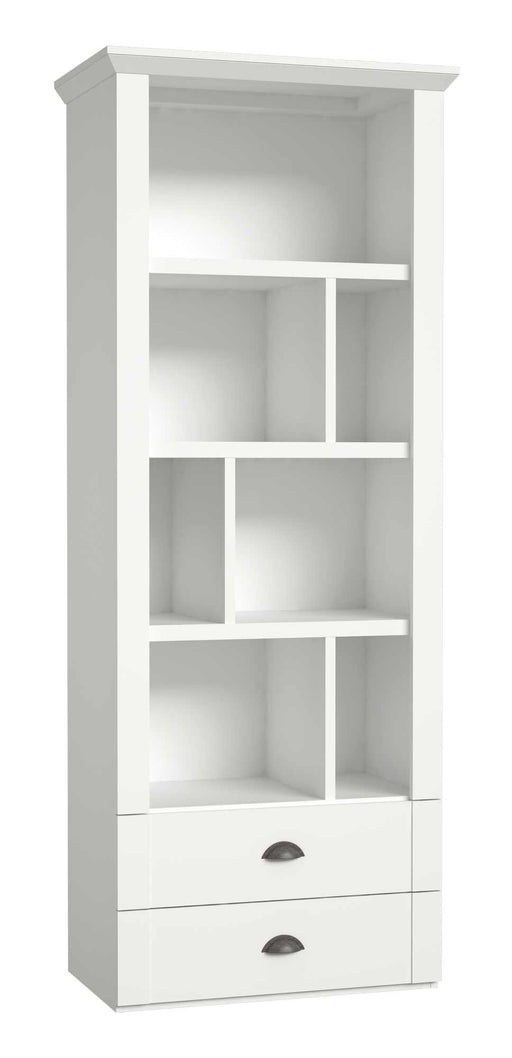 Bücherregal MARIDA mit 2 Schubladen in Weiß matt, Gesamtansicht mit offenen Fächern und Schubladen.