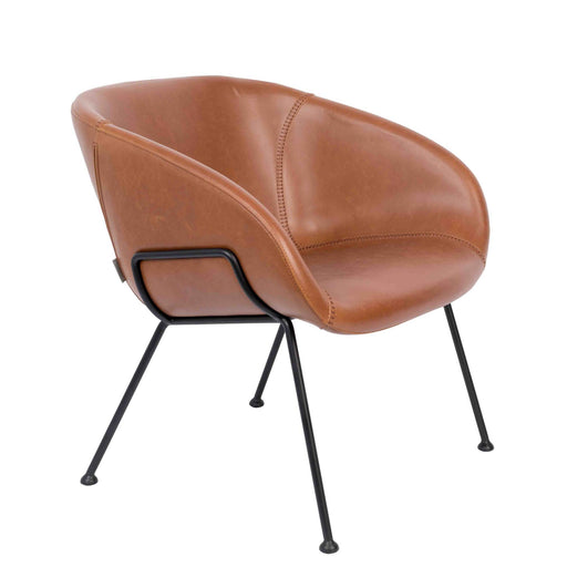 Lounge Sessel FESTON mit cognacfarbenem Kunstlederbezug und schwarzem Stahlgestell, Gesamtansicht.