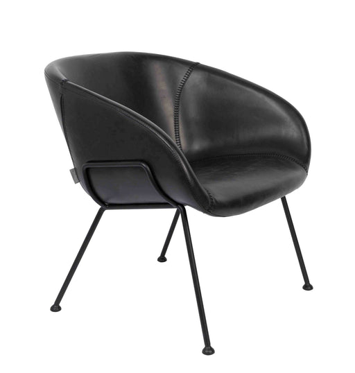 Lounge Sessel FESTON in Kunstleder Schwarz mit geschwungener Rückenlehne und schwarzen Metallbeinen, Gesamtansicht.