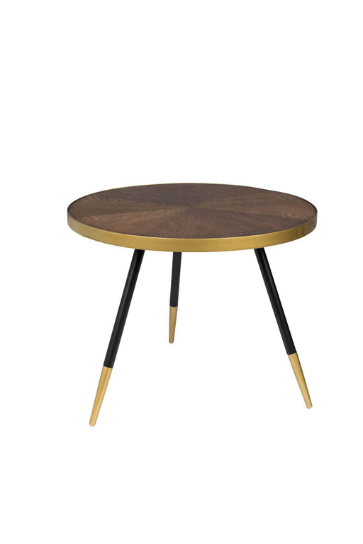 Gesamtansicht des Couchtisch Beistelltisch DENISE mit runder Walnussplatte, goldenem Rand und schwarz-goldenem Gestell.