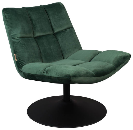 Lounge Sessel BAR VELVET GREEN mit grünem Samtstoff und schwarzem Drehfuß in Gesamtansicht.