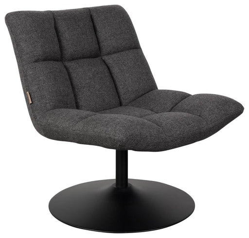 Lounge Sessel BAR mit gesteppter Rückenlehne aus dunkelgrauem Webstoff und schwarzem Metallfuß, Gesamtansicht.