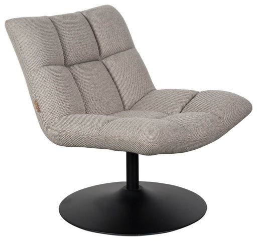 Lounge Sessel BAR in Hellgrau mit gesteppter Rückenlehne und rundem schwarzem Metallfuß, Gesamtansicht.