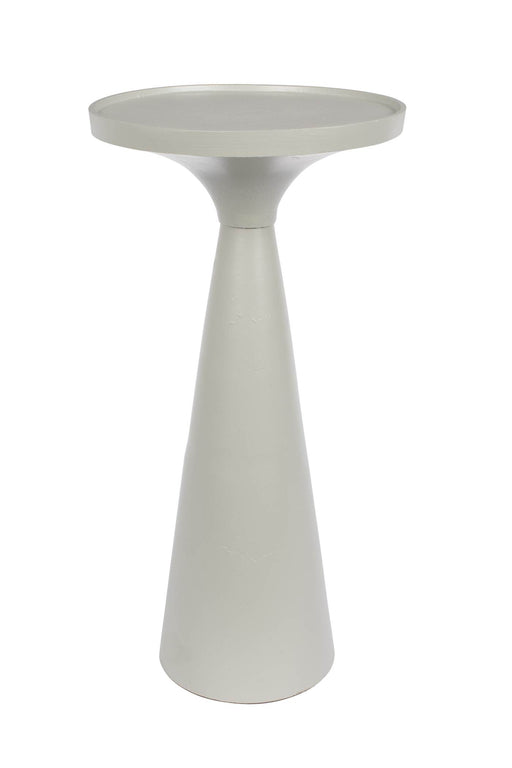 Beistelltisch FLOSS GREY mit runder Tischplatte und konischer Säule aus Aluminiumguss in Floss Grey, Gesamtansicht.