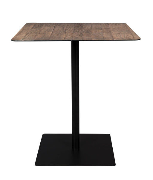 Bistrotisch BRAZA SQUARE BROWN mit recycelter Eichenholzplatte und schwarzem Stahlgestell in Gesamtansicht.
