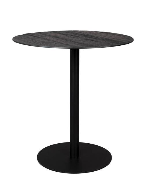 Bartisch BRAZA BLACK mit runder, dunkel gemaserte Platte aus recycelter Eiche und schwarzem Stahl-Säulenfuß, Gesamtansicht.