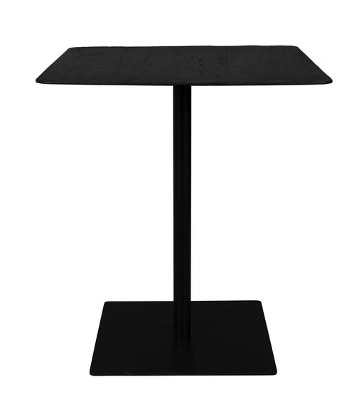 Bartisch BRAZA SQUARE BLACK mit schwarzer Tischplatte aus recycelter Eiche und Stahlgestell in Gesamtansicht.