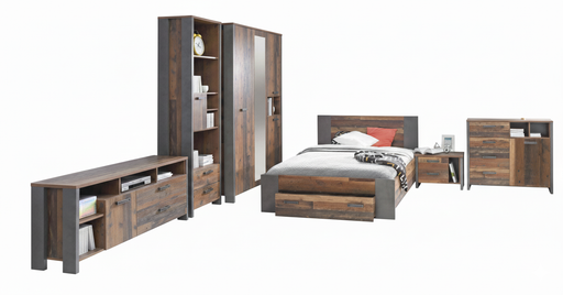 Jugendzimmer CLIF Komplettset 7-tlg. in Old Wood Vintage und Betonoptik, Gesamtansicht mit Bett, Schrank und Kommode.
