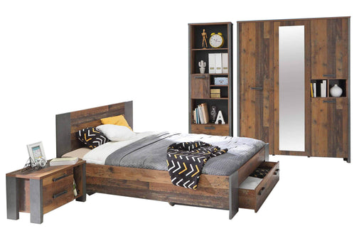 Jugendzimmer CLIF 5-tlg Komplettset in Old Wood Vintage mit Bett, Nachttisch, Schrank und Regalmodul in Gesamtansicht.