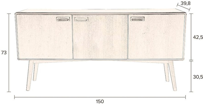 Technische Zeichnung des Sideboards JUJU HIGH mit Frontalansicht, Maßstabangaben und drei Schranktüren mit Metallgriffen.