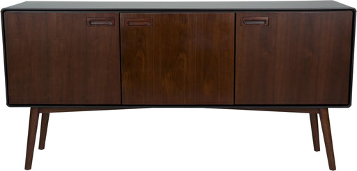 Sideboard JUJU HIGH in Walnuss furniert mit schwarzem Korpus und vier Walnussbeinen in Gesamtansicht.