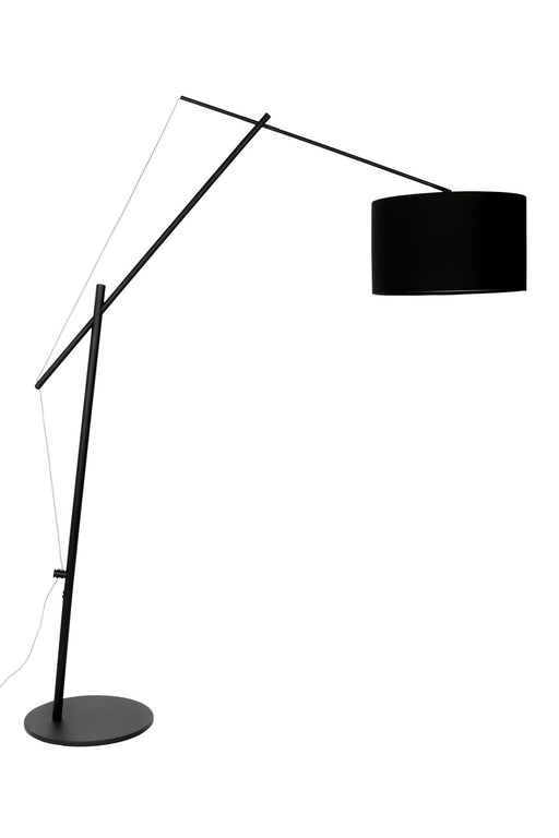 Bogenlampe Tokio Black mit geschwungenem schwarzem Gestell, schwarzem Schirm und rundem Standfuß in Gesamtansicht.