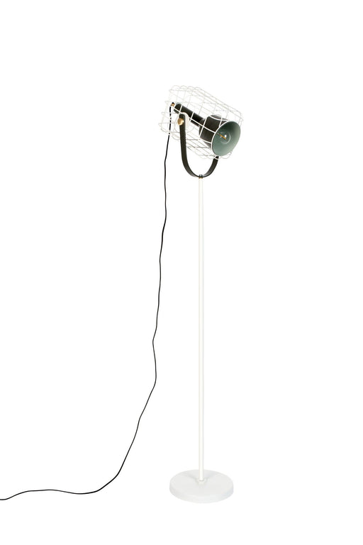 Stehleuchte CAGE WHITE mit weißem Stativ und grünem Leuchtenkopf im Industriedesign, Gesamtansicht.