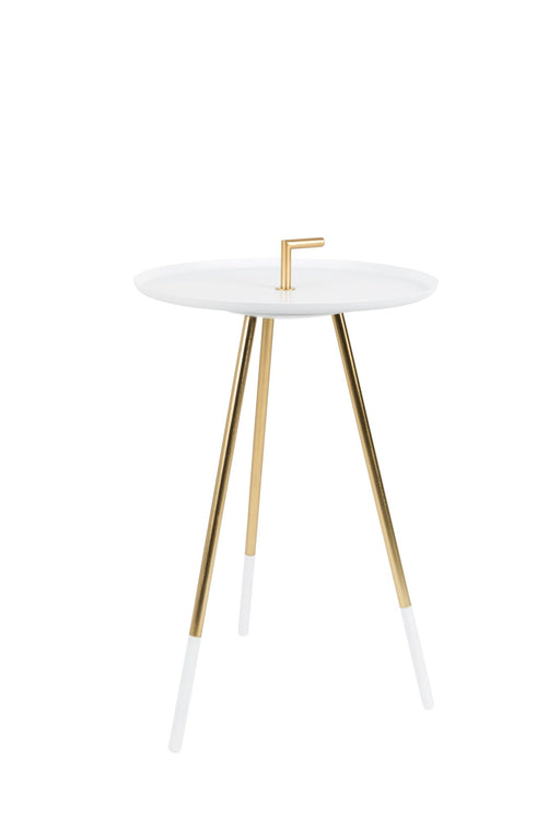 Beistelltisch RUMBI mit weißer runder Tischplatte, Metallgestell in Gold und Weiß mit integrierten Griff.
