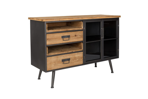 Sideboard Kommode DAMIAN mit Tannenholzfronten, Schubladen und offenen Fächern, grauem Metallrahmen in Gesamtansicht.