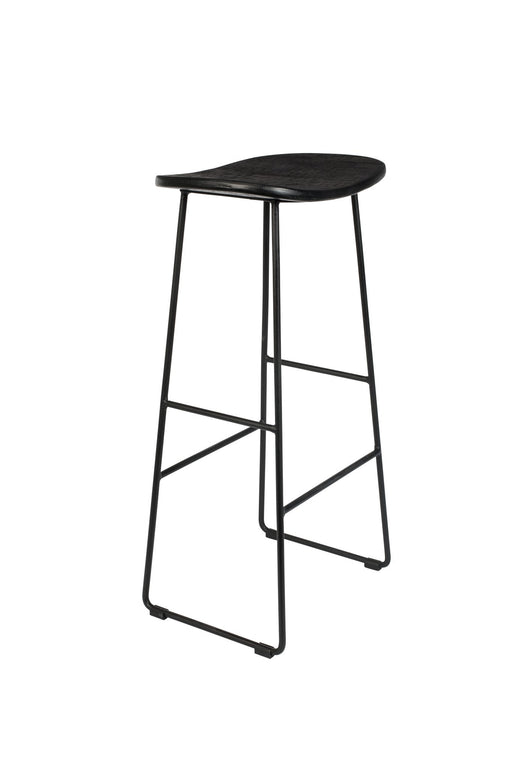 Barhocker TANGLE Schwarz mit schwarzer Metallkonstruktion und ovaler schwarzer Sitzfläche in Gesamtansicht.