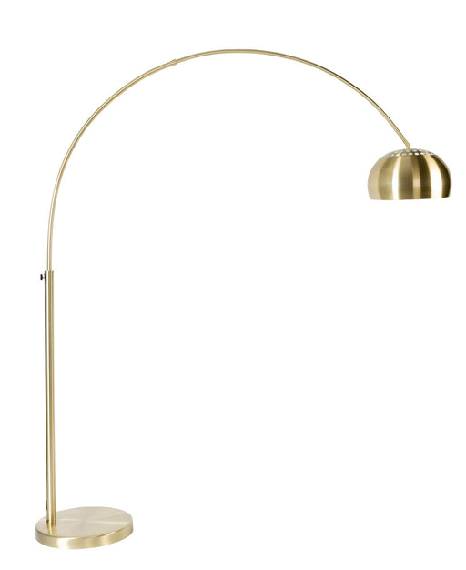 Bogenlampe METAL BOW mit gebogenem Messinggestell und gewölbtem Lampenschirm in Goldausführung, Gesamtansicht.