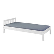Bett VILMAR Futonbett 90 x 200 aus weißlackierter Kiefer mit grauer Matratze in Gesamtansicht.