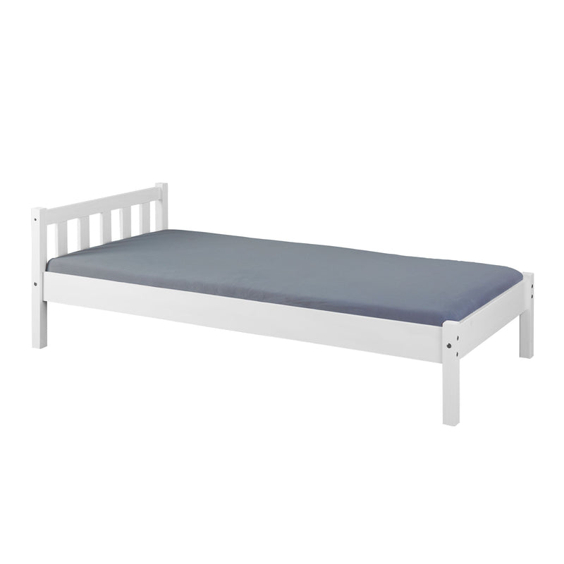 Bett VILMAR Futonbett 90 x 200 aus weißlackierter Kiefer mit grauer Matratze in Gesamtansicht.
