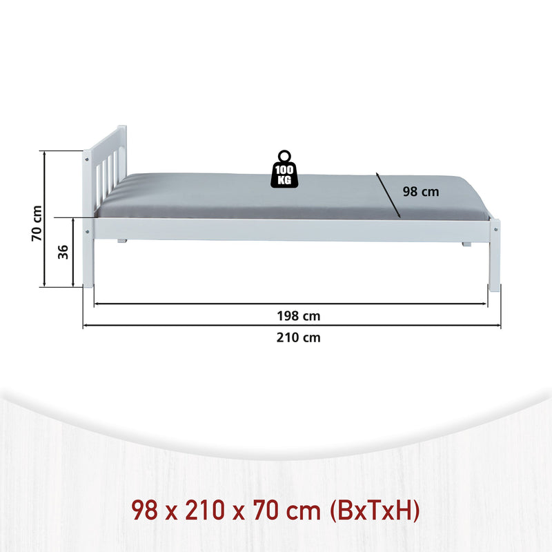 Technische Zeichnung des Futonbetts VILMAR mit Seitenansicht, Abmessungen und Tragfähigkeit von 100 kg.