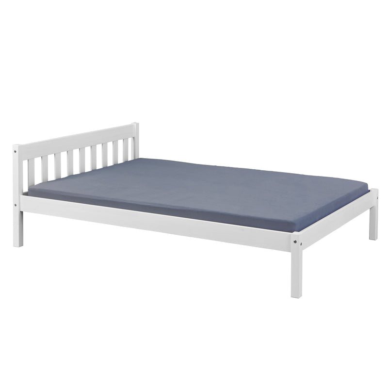 Gesamtansicht des Bett VILMAR Futonbetts mit weißem Kiefernholzrahmen und blaugrauer Matratze von der Seite.