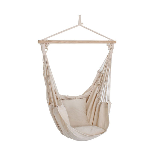 Hängesessel TOBAGO Beige mit 2 Kissen in Gesamtansicht mit Holzgestell und Textiltuch.