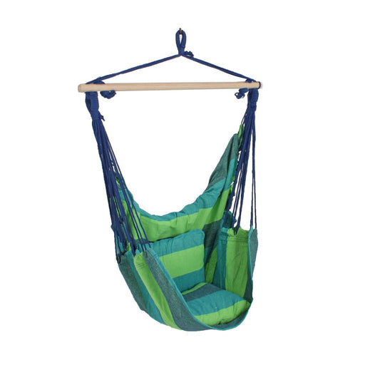 Hängesessel TOBAGO Blau Grün mit 2 Kissen in Gesamtansicht, aufgehängt an Holzstange mit dunkelblauem Seil.