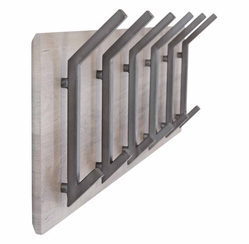 Wandgarderobe HOOK 60 mit 6 Doppelhaken Board in Eiche Optik, Gesamtansicht von schräg vorne mit anthrazitfarbenen Haken.