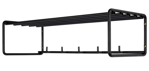 Wandgarderobe CLINT 2 in Schwarz mit Hutablage und fünf Haken, Gesamtansicht von vorne.