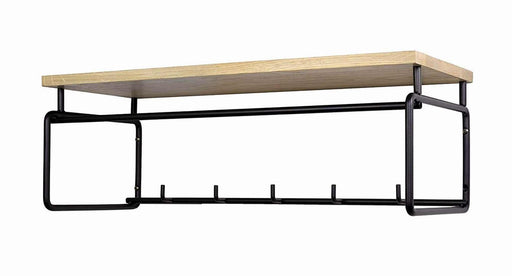 Wandgarderobe CLINT 3 mit schwarzem Stahlgestell, heller Eichenholz-Hutablage und fünf Kleiderhaken in Gesamtansicht.