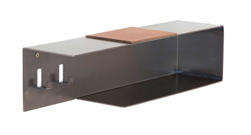 Wandboard HOMBRE Design Seitenansicht mit grauer Glasplatte, brauner Holzablage und Metallkonstruktion.