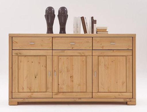Sideboard VITA aus Kiefer massiv mit drei Schubladen oben und drei Türen unten, Gesamtansicht von vorne.