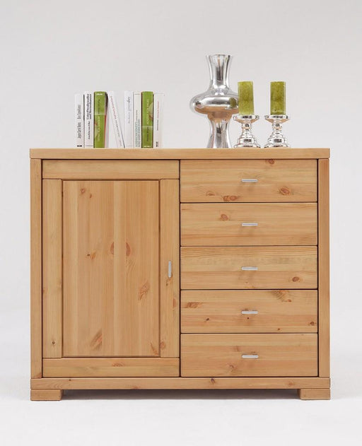 Sideboard VITA Kommode in Gesamtansicht mit einer Tür links und fünf Schubladen rechts, Kiefer massiv.