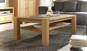 Couchtisch VITA 120 x 74 cm Wohnzimmertisch Kiefer massiv in Gesamtansicht mit offenen Ablagefächern in hellem Holzton.