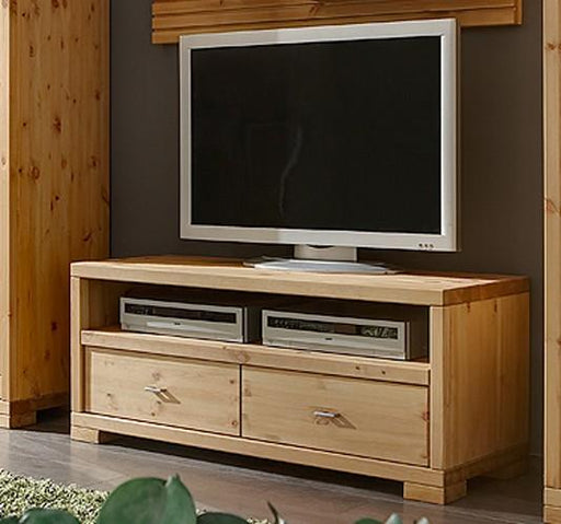 TV-Kommode VITA 120 cm Lowboard aus Kiefer massiv mit zwei Schubladen und offenen Fächern in Gesamtansicht.