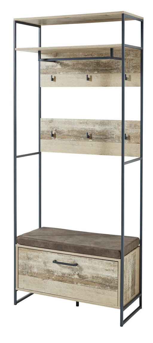 Bankregal Garderobe ROOF in Gesamtansicht mit Metallrahmen, Holzfächern, zwei Schubladen und Wandhaken.