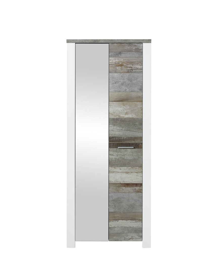 Garderobenschrank MATEO mit Spiegel - Weiß mit Driftwood Nachbildung