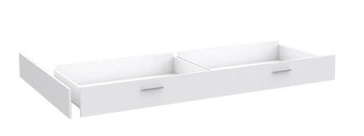 Schublade passend zum Bett Snow 140 cm in Weiß mit zwei Fächern und Griffleisten, Gesamtansicht von oben.