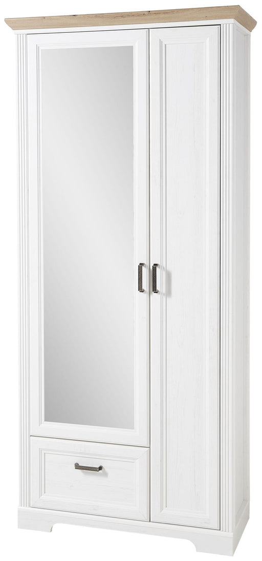 Dielenschrank JASMIN 2-türig mit Spiegel, weiße MDF-Front mit Spiegeltür und Schublade, Oberboden in Artisan Eiche.