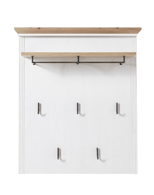 Garderobenpaneel JASMIN mit Hutablage Pinie weiß Nachbildung in Gesamtansicht mit Metallhaken und Kleiderstange.