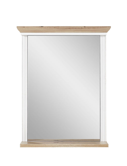 Spiegel JASMIN 65 x 83 cm mit Ablage Pinie weiß Nachbildung in Gesamtansicht mit weißem Rahmen und Holzablage oben und unten.