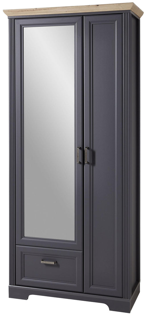 Dielenschrank JASMIN 2-türig Graphit mit Spiegel, Gesamtansicht mit spiegelnder linker Tür und Schublade.