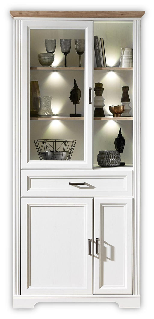 Vitrine JASMIN 2-türig in Weiß mit Glastüren, LED-Beleuchtung und offenem Stauraum unten.