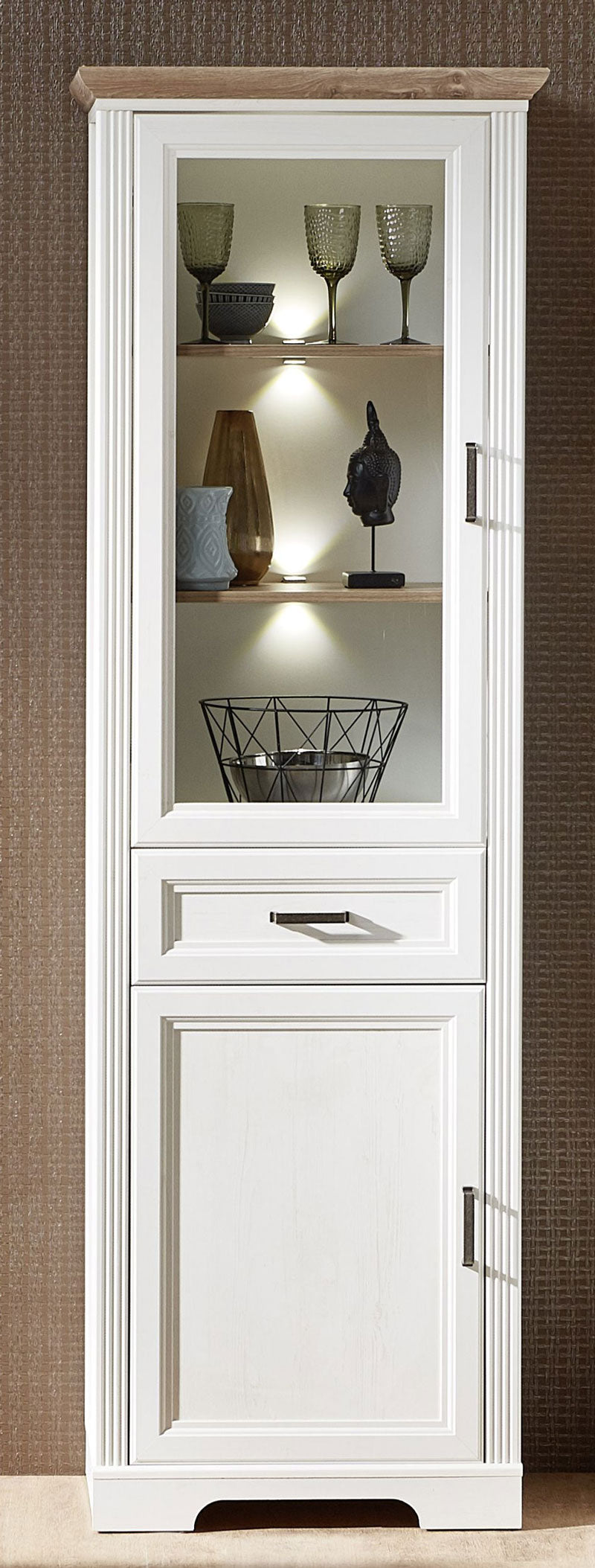 Vitrine JASMIN 1-türig - Landhausstil Pinie weiß mit Beleuchtung